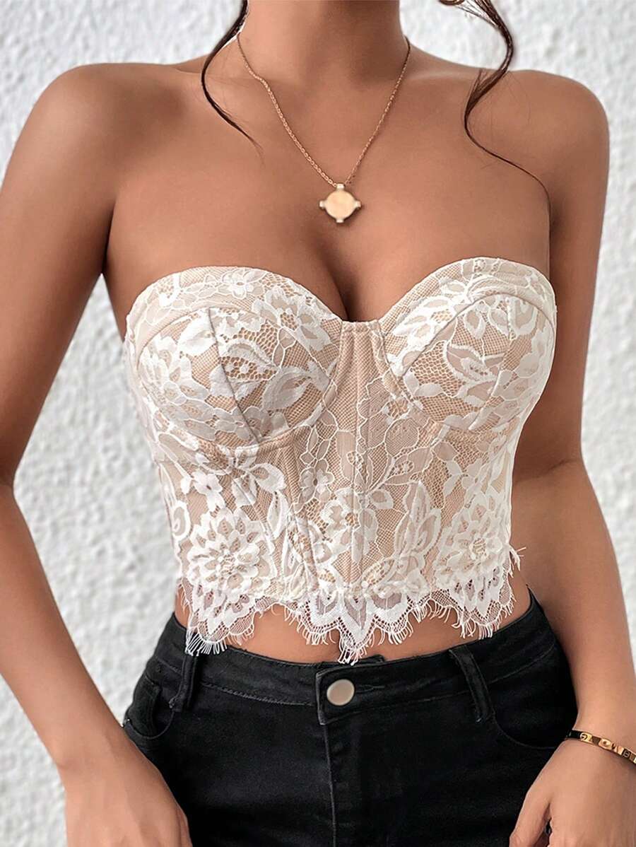 SHEIN Allurite 睫毛蕾丝紧身胸衣短款抹胸适合节日派对服装 - 白色 - 查看 1