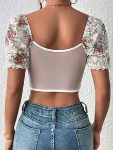 SHEIN Allurite Floral Print Sweetheart Neck Puff Sleeve Bustier Lace Top - White - View 2