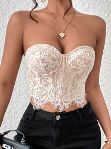 SHEIN Allurite 睫毛蕾丝紧身胸衣短款抹胸适合节日派对服装 - 白色 - 查看 4