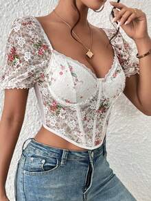 SHEIN Allurite Floral Print Sweetheart Neck Puff Sleeve Bustier Lace Top - White - View 6