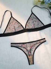 Floral Print Mesh Bra & Panty Lingerie Set - Multicolor - View 4