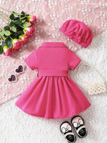 腰帶 口袋 前紐扣純色嬰兒連衣裙 - 玫紅色 - 查看 2