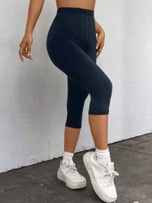 SHEIN EZwear Solid High Waist Leggings - Navy Blue - View 4