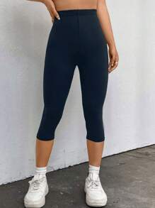 SHEIN EZwear Solid High Waist Leggings - Navy Blue - View 5