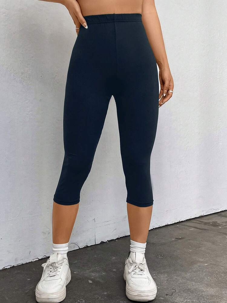 SHEIN EZwear เลกกิ้ง สีพื้น เอวสูง - สีกรมท่า - ดู 5