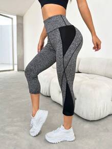 Yoga Basic Colorblock Wide Waistband Sports Leggings