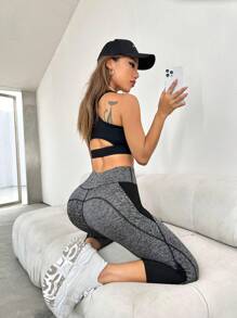 Yoga Basic Colorblock Wide Waistband Sports Leggings