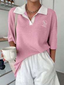 DAZY 字母刺绣撞色领落肩T恤超大T恤 - 粉色 - 查看 3