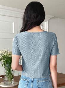 DAZY Blusa con bordado de ojetes, top corto para mujeres - Azul - Ver 2
