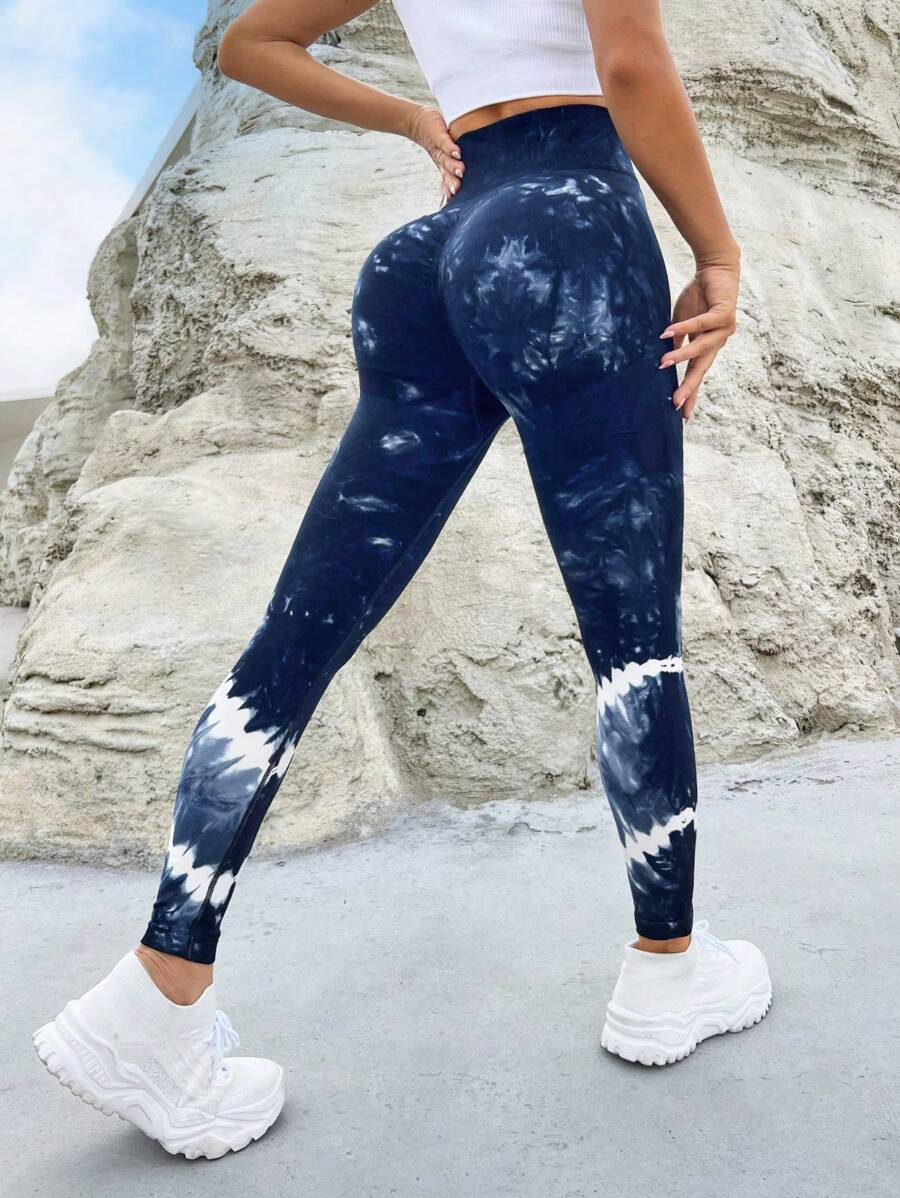 Yoga Trendy 紮染寬腰帶運動打底褲 - 藏蓝色 - 查看 1