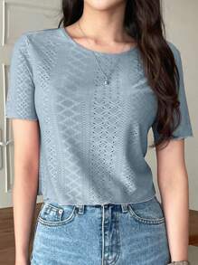 DAZY Blusa con bordado de ojetes, top corto para mujeres - Azul - Ver 3