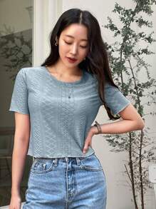 DAZY Blusa con bordado de ojetes, top corto para mujeres - Azul - Ver 4