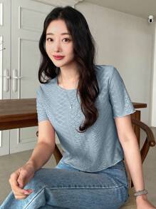 DAZY Blusa con bordado de ojetes, top corto para mujeres - Azul - Ver 5