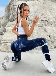 Yoga Trendy 紮染寬腰帶運動打底褲 - 藏蓝色 - 查看 4