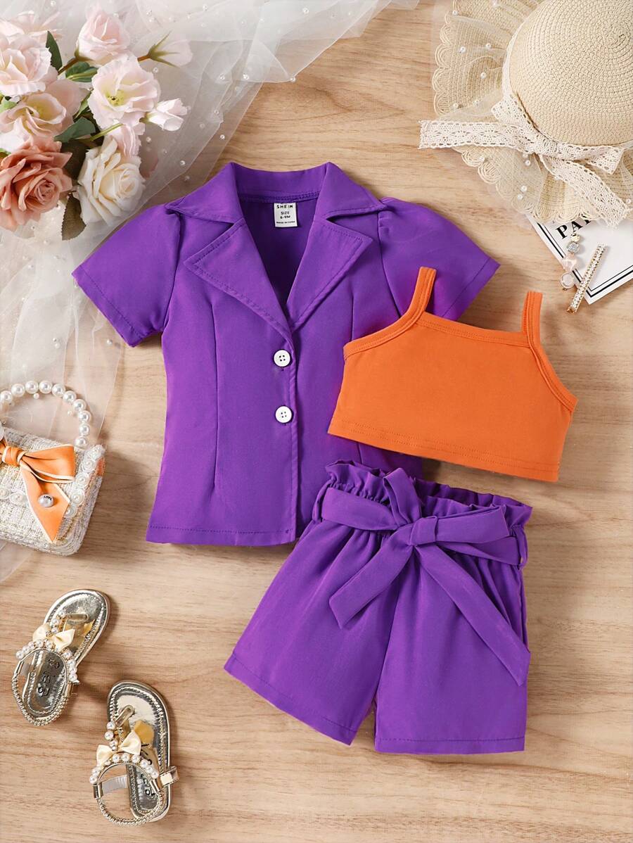 Baby Solid Cami Top & Paperbag Waist Shorts & Button Front Blouse - Multicolor - View 1