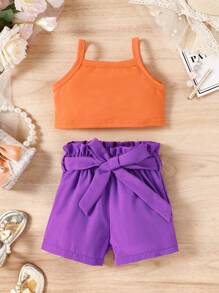 Baby Solid Cami Top & Paperbag Waist Shorts & Button Front Blouse - Multicolor - View 3