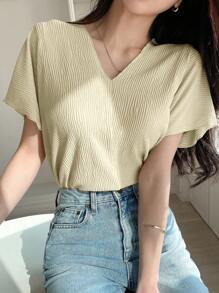 DAZY 純色蝙蝠袖肋編針織t恤 - 米色 - 查看 2