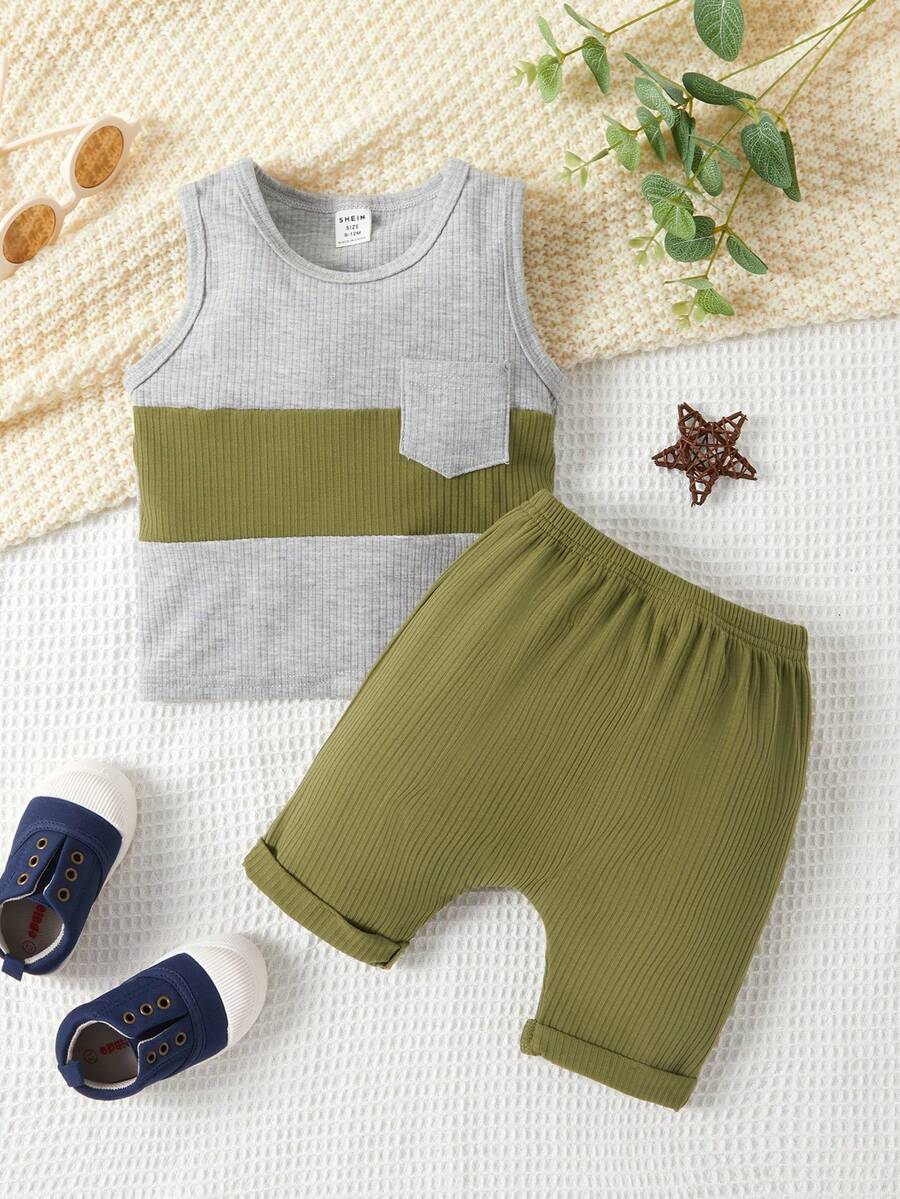 男嬰撞色補丁貼口袋背心上衣和短褲套裝 - 彩色 - 查看 1