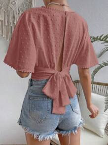 SHEIN VCAY 圓點後綁帶襯衫 - 藕粉色 - 查看 3