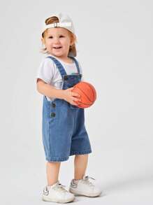 嬰兒翻蓋口袋牛仔連體短褲