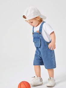 嬰兒翻蓋口袋牛仔連體短褲