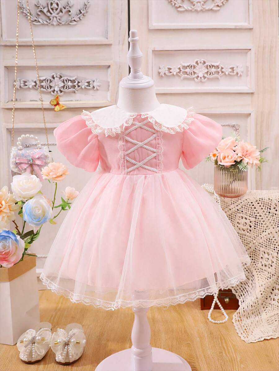 Đầm em bé Tương phản ren Tương phản Mesh Dây kéo màu trơn - Hồng - Xem 1