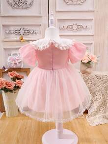 Đầm em bé Tương phản ren Tương phản Mesh Dây kéo màu trơn - Hồng - Xem 2