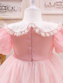 Đầm em bé Tương phản ren Tương phản Mesh Dây kéo màu trơn - Hồng - Xem 3