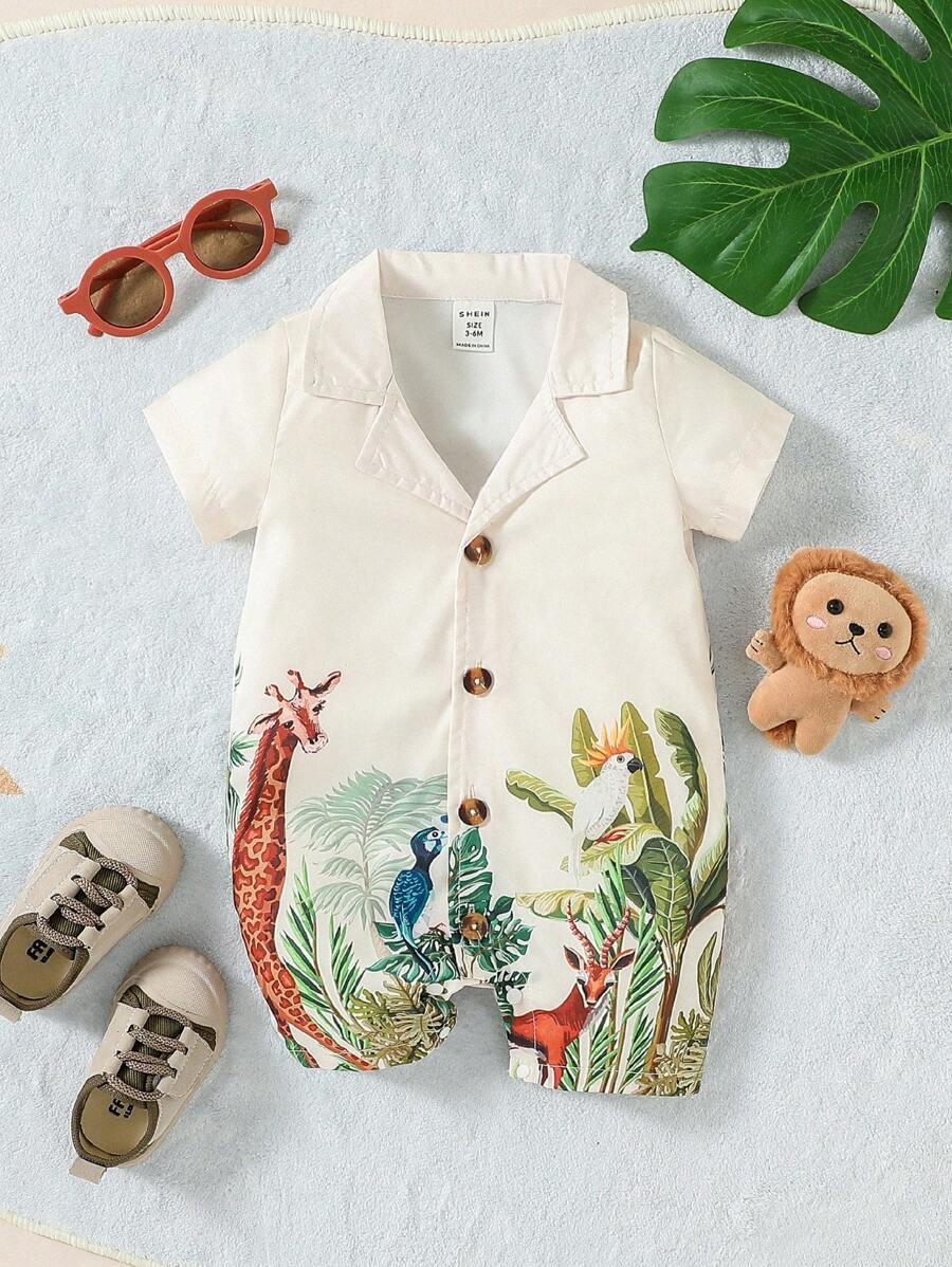 Baby Boy Animal Print Button Front Lapel Neck Shirt Romper - Beige - View 1