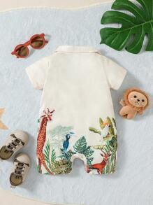 Baby Boy Animal Print Button Front Lapel Neck Shirt Romper - Beige - View 2