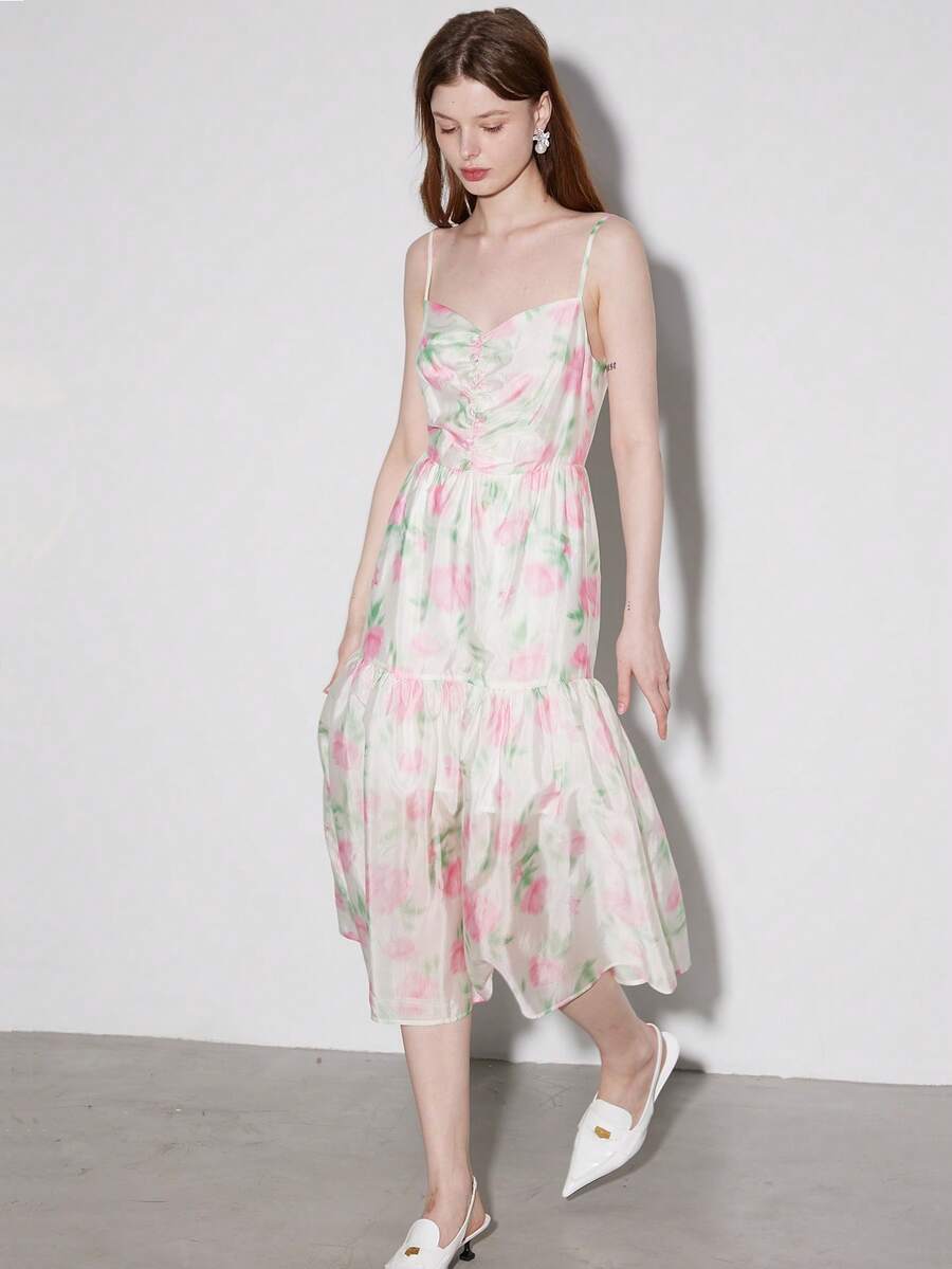 Floral Print Ruched Bust Ruffle Hem Cami Dress - Multicolor - View 1