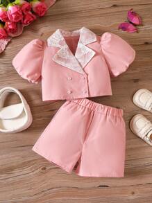 SHEIN Bộ thời trang bé gái Tương phản ren Nút đôi Khối Màu Giải trí - Hồng - Xem 1