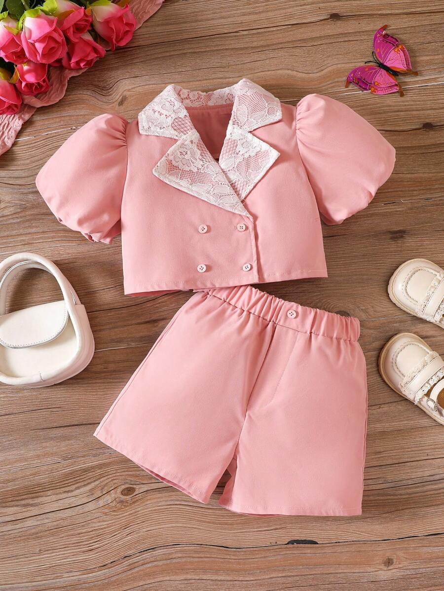 SHEIN Bộ thời trang bé gái Tương phản ren Nút đôi Khối Màu Giải trí - Hồng - Xem 1
