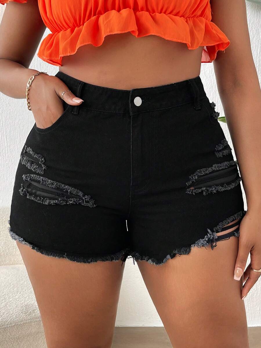 SHEIN SXY 大碼破洞毛邊牛仔短褲 - 黑色 - 查看 1