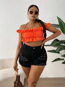 SHEIN SXY 大碼破洞毛邊牛仔短褲 - 黑色 - 查看 3