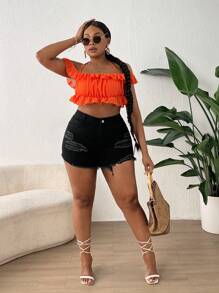 SHEIN SXY 大碼破洞毛邊牛仔短褲 - 黑色 - 查看 5