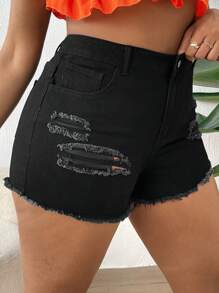 SHEIN SXY 大碼破洞毛邊牛仔短褲 - 黑色 - 查看 6