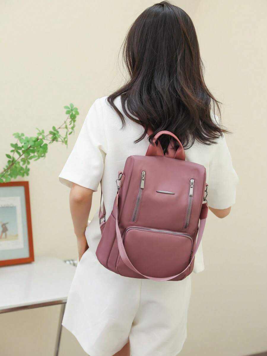 Zip Front Pink Fashion Backpack Pocket Front - Pink - View 1