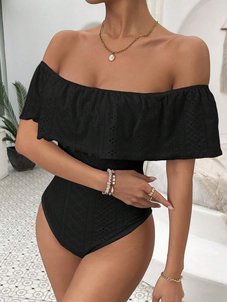 SHEIN VCAY Off Shoulder Ruffle Trim Bodysuit - Black - View 1