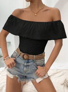 SHEIN VCAY Off Shoulder Ruffle Trim Bodysuit - Black - View 3