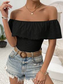 SHEIN VCAY Off Shoulder Ruffle Trim Bodysuit - Black - View 4