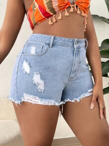 SHEIN SXY 鈕扣 口袋 不收邊 破洞 拉鍊純色大碼牛仔短褲 - 淺色水洗藍 - 查看 4