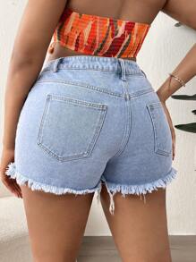 SHEIN SXY 鈕扣 口袋 不收邊 破洞 拉鍊純色大碼牛仔短褲 - 淺色水洗藍 - 查看 2