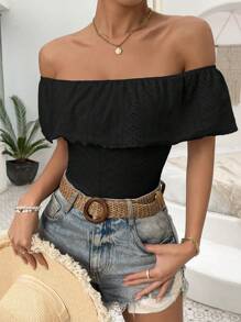 SHEIN VCAY Off Shoulder Ruffle Trim Bodysuit - Black - View 6