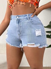 SHEIN SXY 鈕扣 口袋 不收邊 破洞 拉鍊純色大碼牛仔短褲 - 淺色水洗藍 - 查看 3