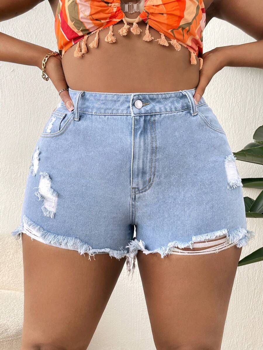 SHEIN SXY 鈕扣 口袋 不收邊 破洞 拉鍊純色大碼牛仔短褲 - 淺色水洗藍 - 查看 1