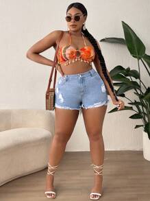 SHEIN SXY 鈕扣 口袋 不收邊 破洞 拉鍊純色大碼牛仔短褲 - 淺色水洗藍 - 查看 6