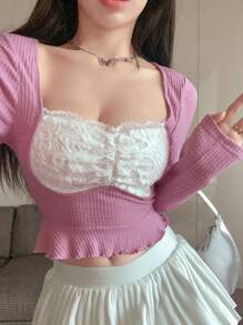 DAZY Contrast Lace Lettuce Trim Crop Tee - Pink - View 3