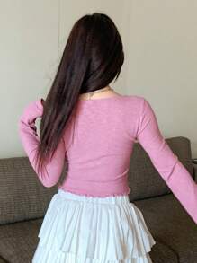 DAZY Contrast Lace Lettuce Trim Crop Tee - Pink - View 2