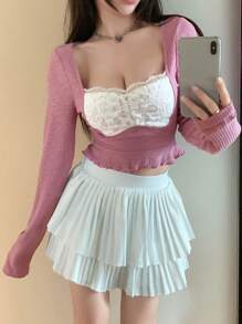 DAZY Contrast Lace Lettuce Trim Crop Tee - Pink - View 1